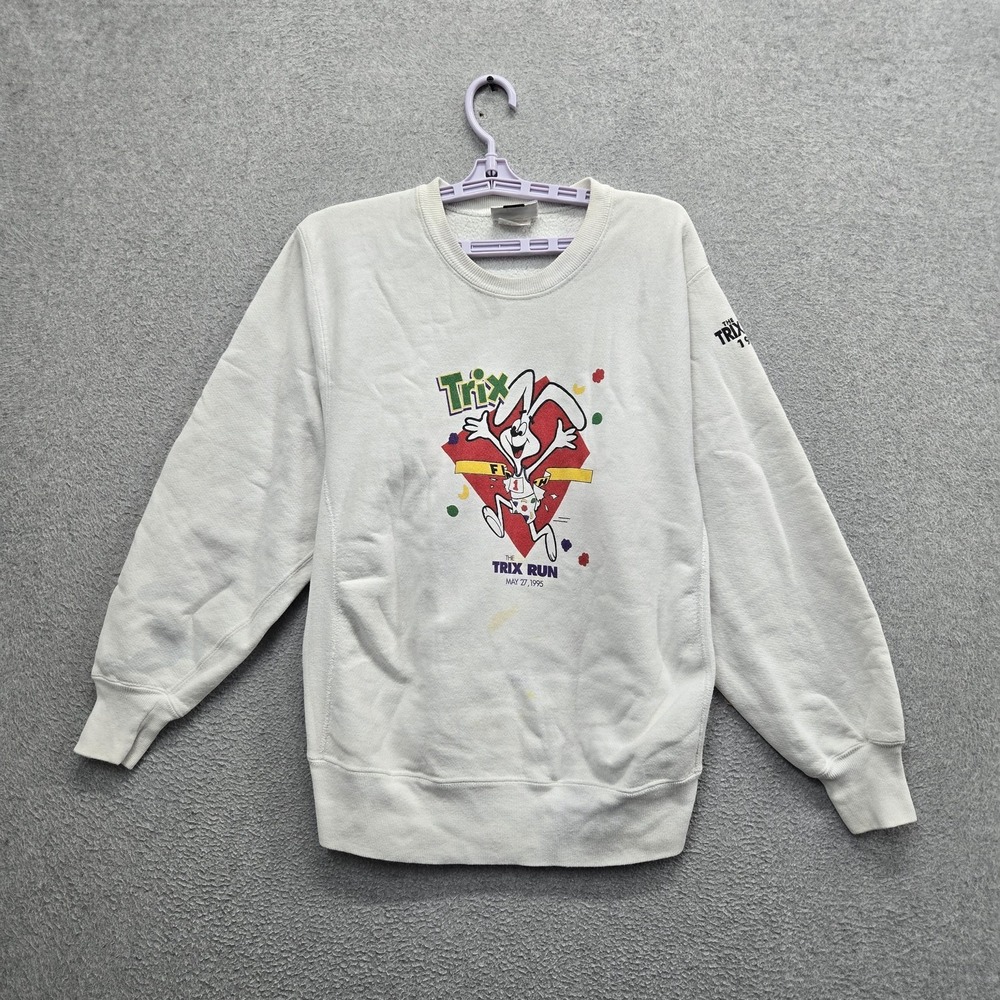 VINTAGE Trix Men Sweatshirt L White 90s USA Trix Run Fleece Pullover READ